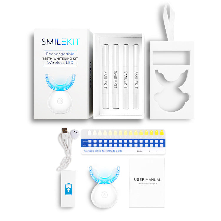 Wireless LED Teeth Whitening Kit with Charging Base & Dental Instrument Set